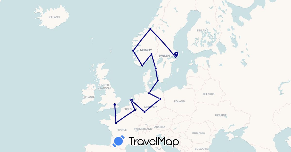 TravelMap itinerary: driving in Belgium, Germany, Denmark, France, United Kingdom, Netherlands, Norway, Sweden (Europe)
